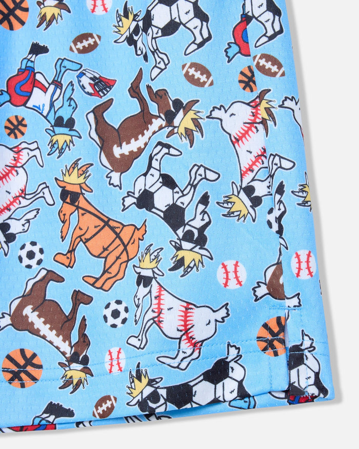 Blue shorts with cartoon animal sports players on a blue background