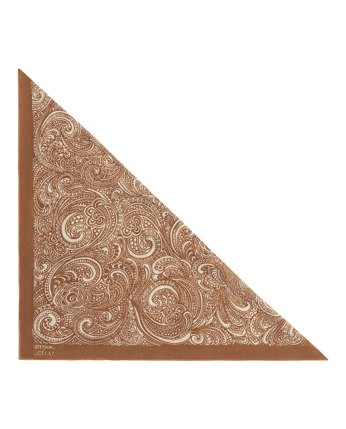 The Stetson Western Paisley Scarf in Rust by THE GREAT. F26 STETSON is a classic vintage-inspired bandana, folded diagonally and adorned with white intricate paisley patterns across the fabric—perfect for adding a Western touch to any look.