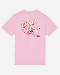 Pink t-shirt with graphic design and text on a light gray background