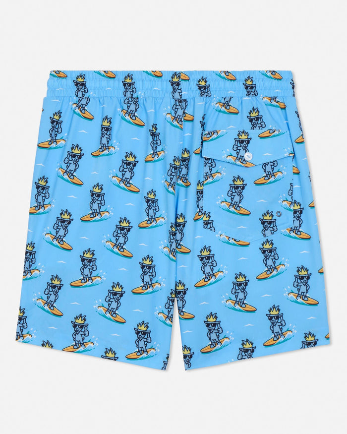 Blue swim shorts with cartoon character pattern on a light gray background