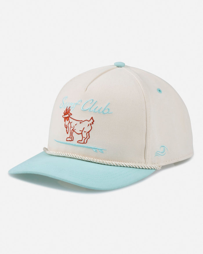 Beige and light blue cap with 'Surf Club' text and logo on a white background