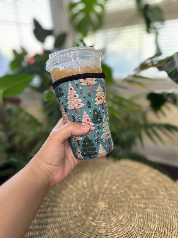Teal Knitted Christmas Trees Cozie