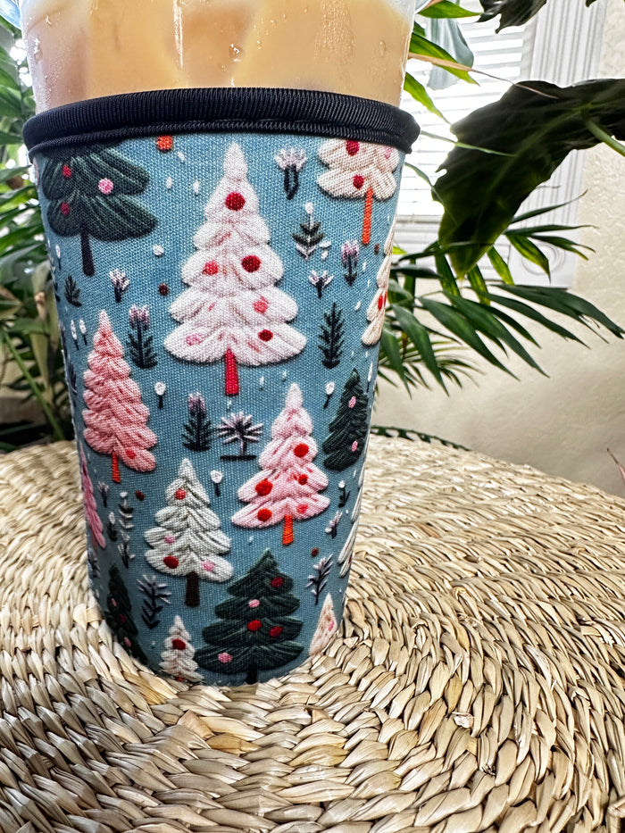 Teal Knitted Christmas Trees Cozie