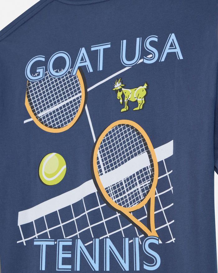 Navy blue t-shirt with tennis-themed graphic and 'GOAT USA TENNIS' text on a white background