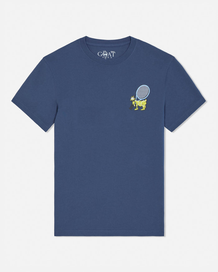 Navy blue t-shirt with a small graphic on a white background