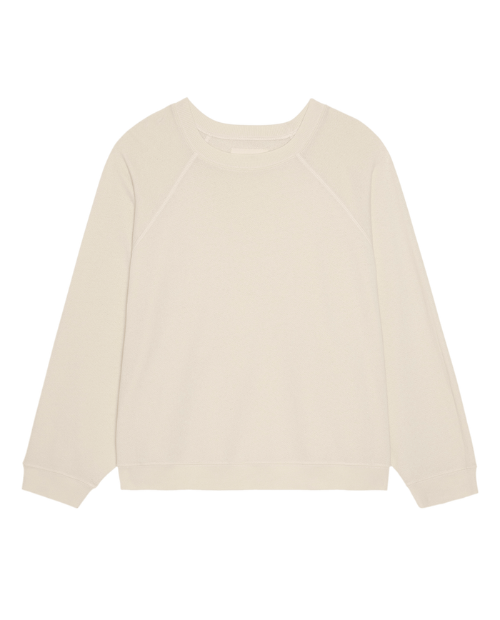 The Rehearsal Sweatshirt by THE GREAT. PF26 DANCER KNIT BODIES in Washed White, a plain long-sleeve crew neck style, is laid flat against a white background.