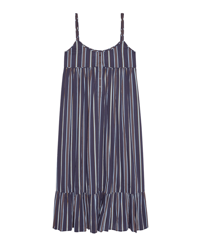The Ruffle Tank Night Dress — Coastline Stripe by The Great. SP26 Sleep features navy and white vertical stripes, thin straps, a buttoned front, ruffled hem, and is crafted from 100% cotton for ultimate comfort on relaxed evenings.