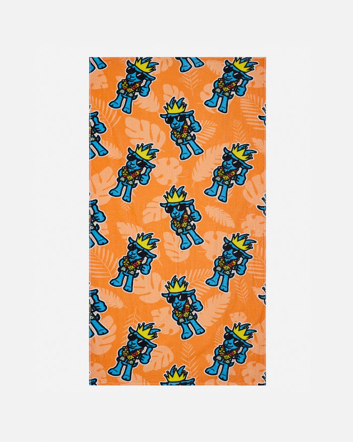 Patterned fabric with blue cartoon characters on an orange background