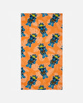 Patterned fabric with blue cartoon characters on an orange background