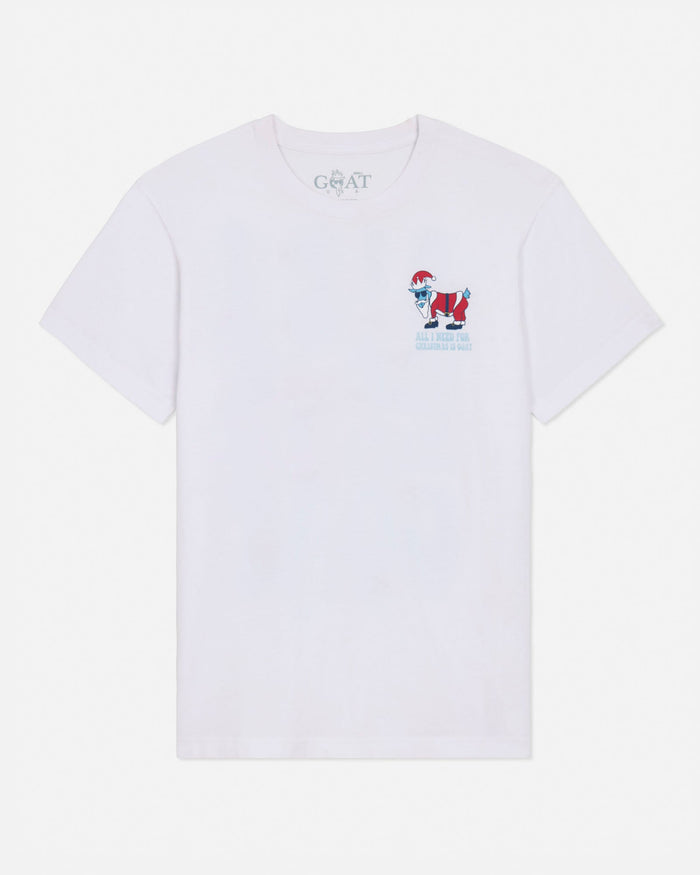 White t-shirt with a graphic design on a light gray background