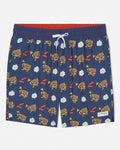 Navy shorts with breakfast-themed pattern on a white background
