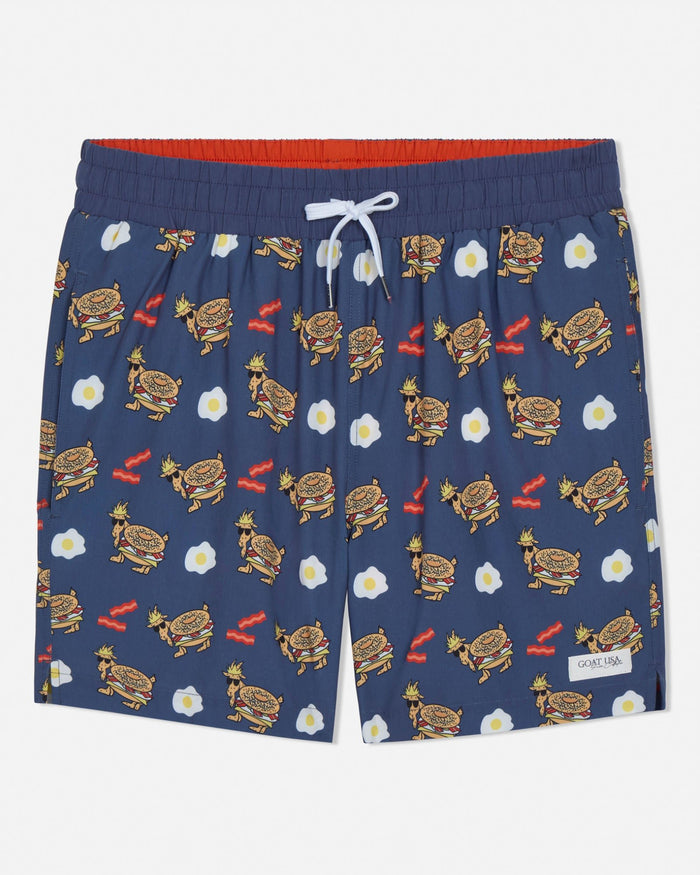 Navy shorts with breakfast-themed pattern on a white background