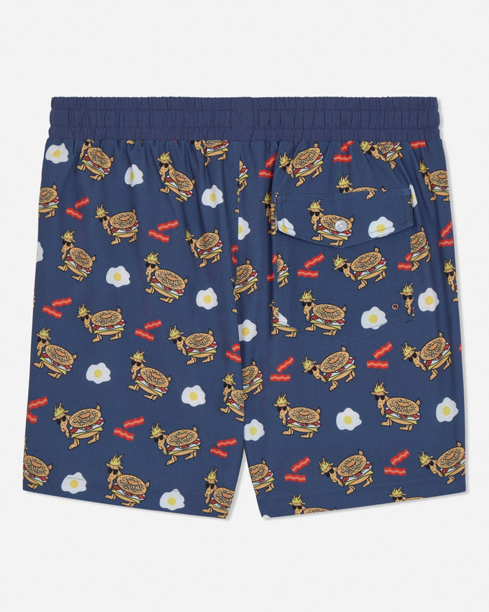 Navy shorts with a breakfast-themed pattern on a white background