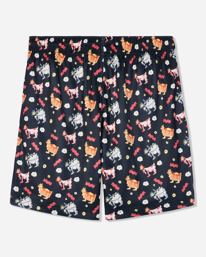 A pair of black shorts featuring an all-over whimsical pattern of cartoon goats, red roses, and small white flowers, displayed flat against a light gray background.