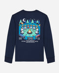 Navy long-sleeve shirt with a colorful graphic on the back against a light gray background
