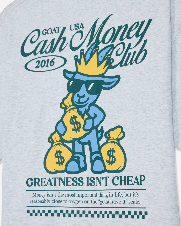 Close-up of gray t-shirt with goat holding money bags graphic