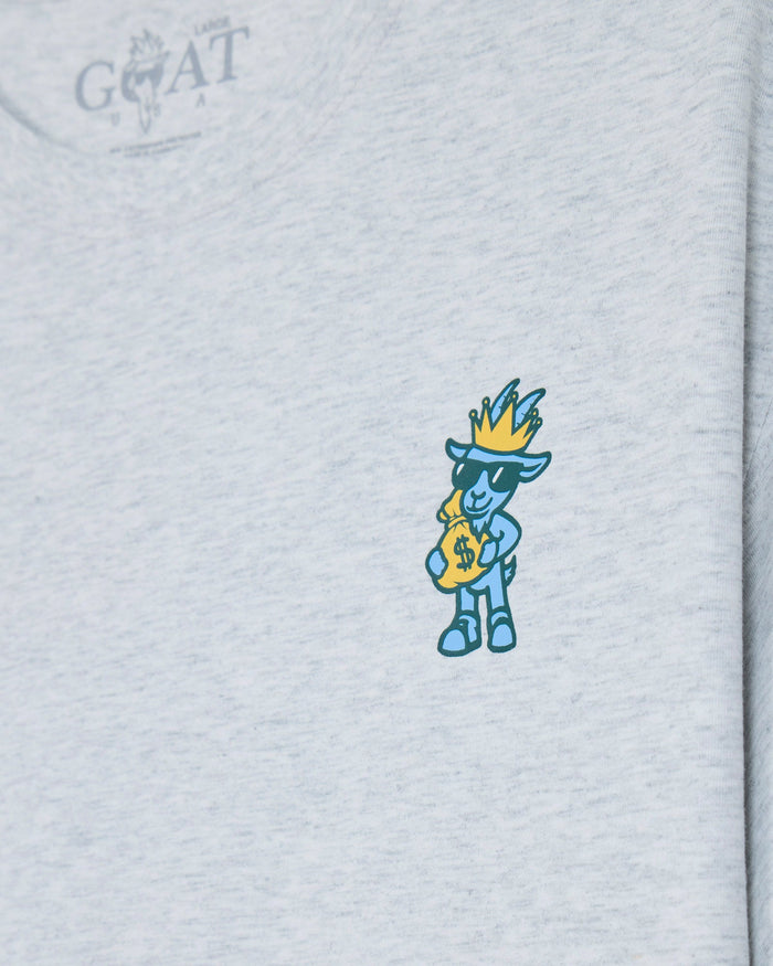 Goat holding money bag left-chest graphic on a gray t-shirt