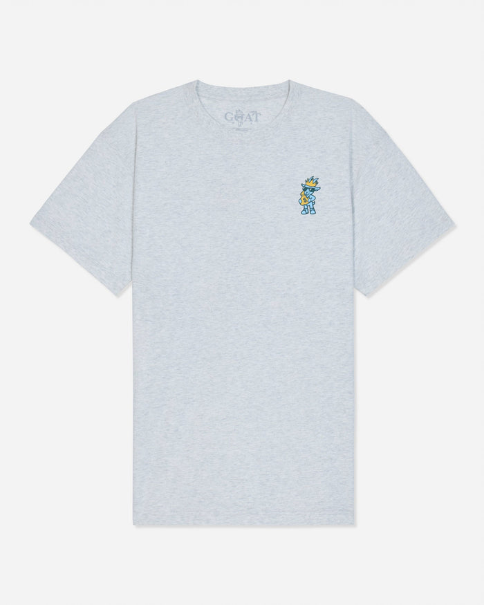 Front of gray t-shirt with goat holding a money bag left-chest grpahic