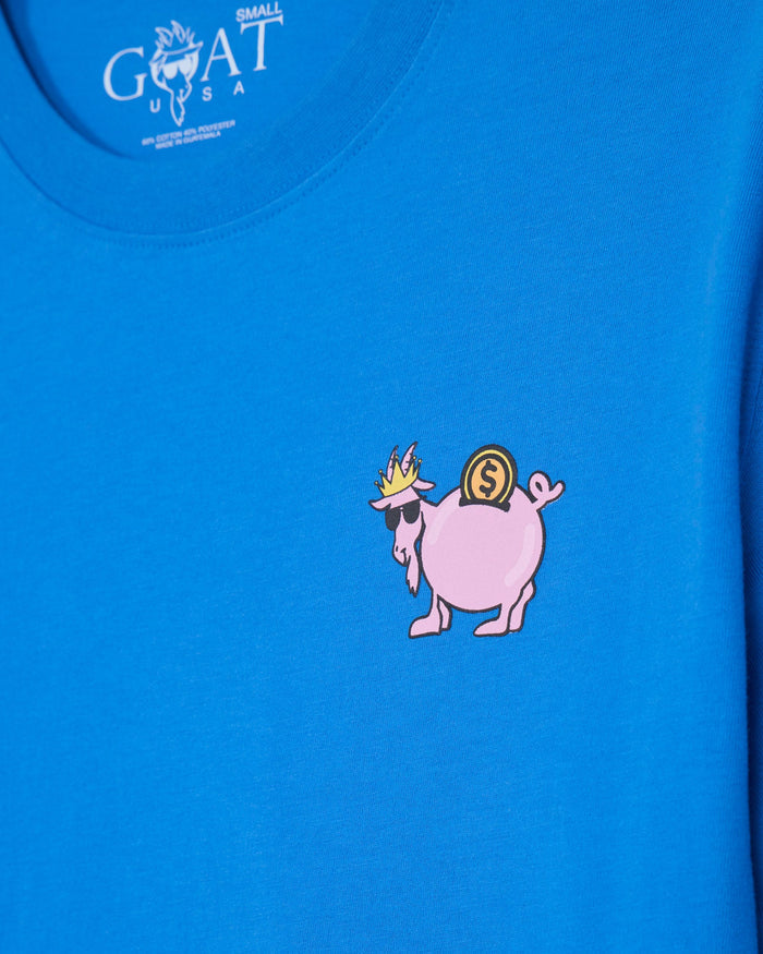 Close-up of royal blue t-shirt with goat piggy bank left-chest graphic