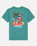 Back of Teal t-shirt with a graphic design on a light gray background