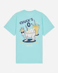 Mint t-shirt with cereal goat graphic and text that reads 'Chuck's O's Part of a Complete Breakfast'