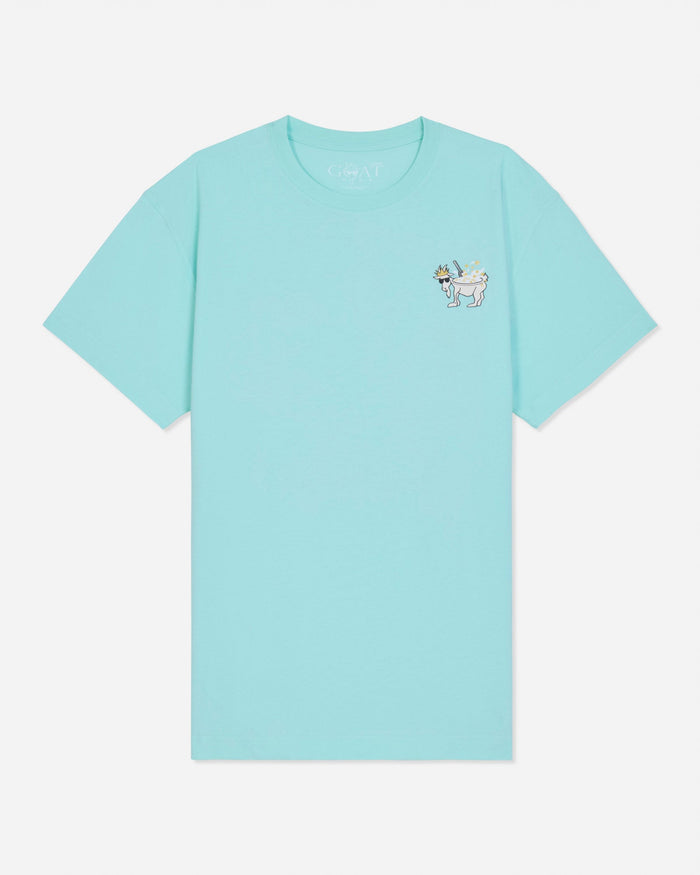 Front of mint t-shirt with cereal goat left-chest graphic