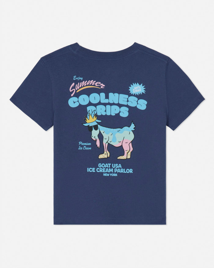 Navy blue t-shirt with colorful graphic design on a white background