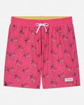 Pink swim shorts with a pattern on a white background