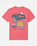 Pink t-shirt with 'Chuck's Fish Tacos' graphic on a white background