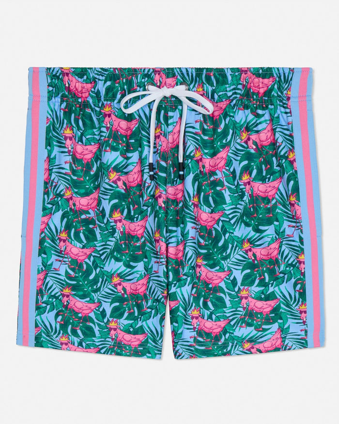 Tropical patterned shorts with pink flamingo design on a white background