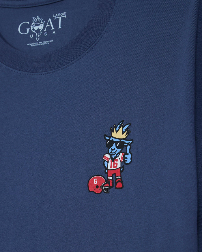 Football player goat left-chest graphic on navy blue t-shirt