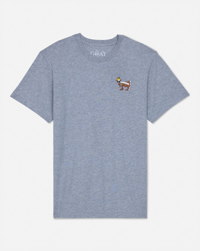 Gray t-shirt with a small logo on a white background