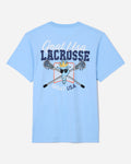 Back of blue t-shirt with snarling goat head and lacrosse design