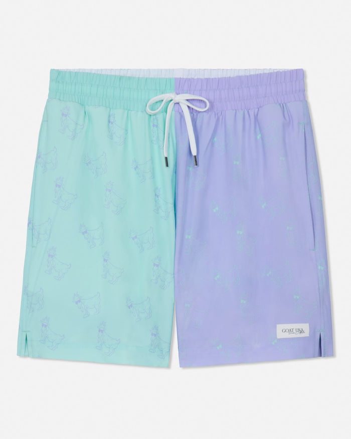 Two-tone mint and periwinkle bathing suit with a drawstring on a white background