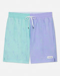 Two-tone mint and periwinkle bathing suit with a drawstring on a white background