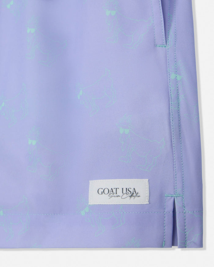Close-up of a two-tone mint and periwinkle bathing suit with a visible brand label on a white background