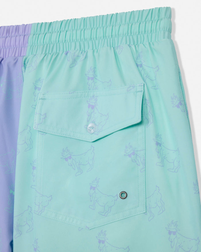 Close-up of two-tone mint and periwinkle bathing suit with a subtle pattern on a white background