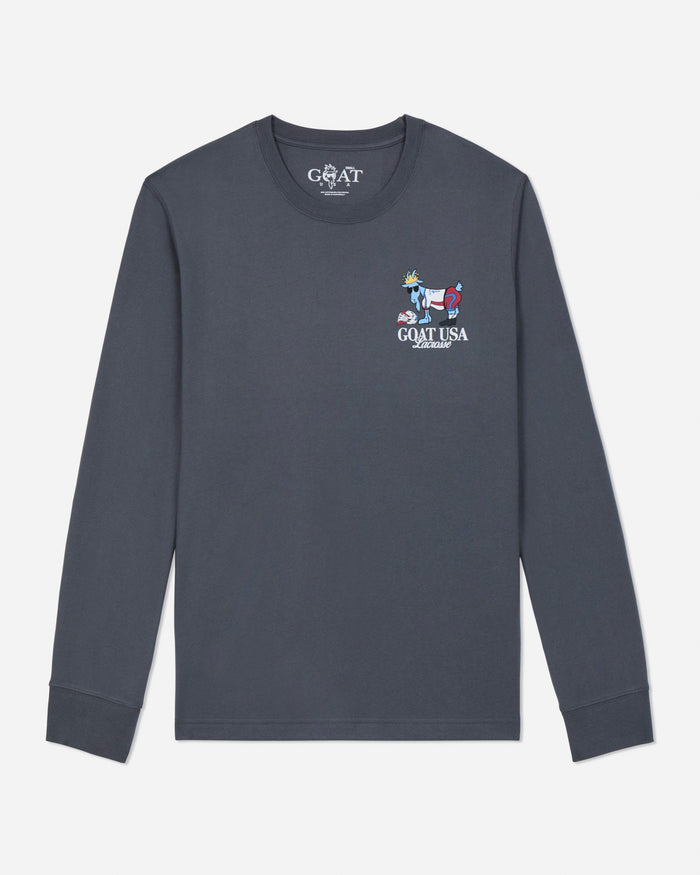 Gray long-sleeve shirt with a logo on a light gray background