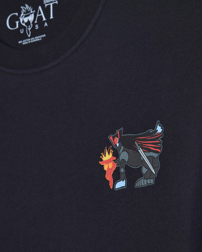 Headless GOATman left-chest graphic on a black t-shirt