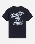Back of black t-shirt with goat hockey player graphic