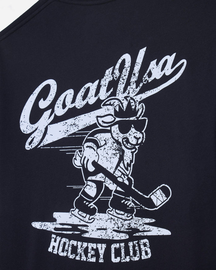 Close-up of black t-shirt with goat hockey player graphic