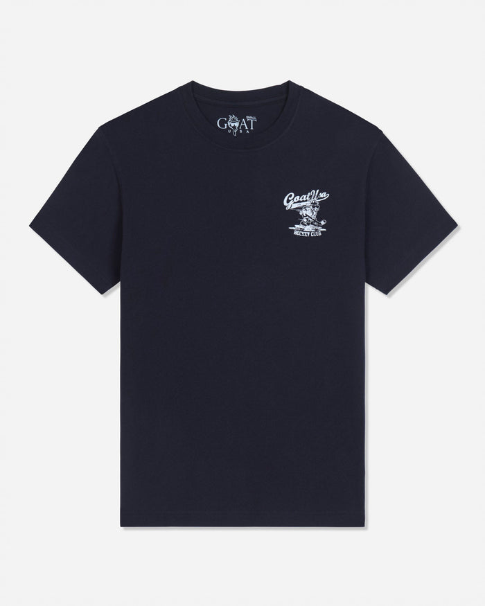 Front of black t-shirt with goat hockey player graphic