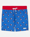 Blue swim shorts with red waistband and cartoon character pattern on a white background