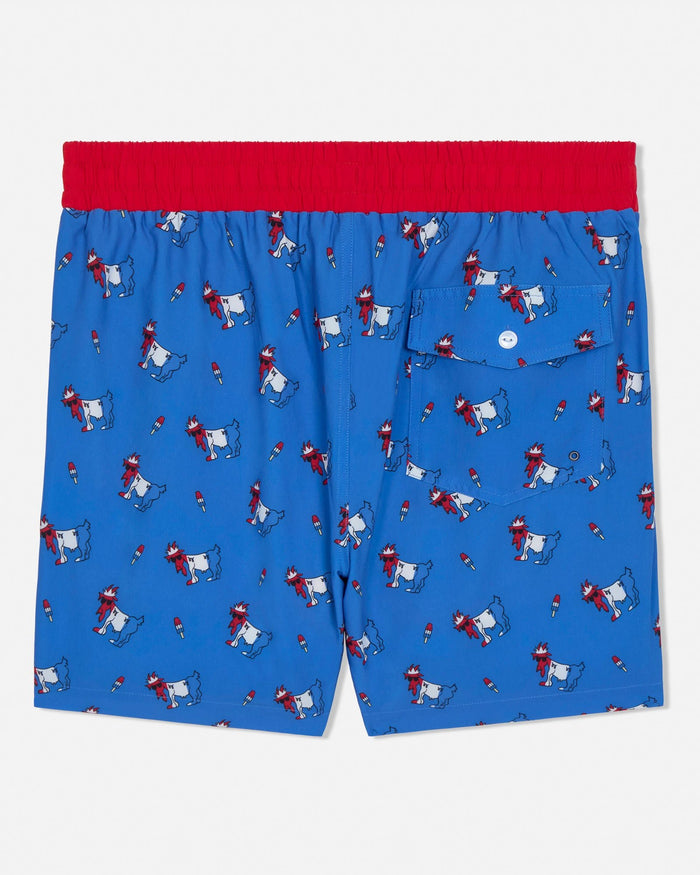 Blue swim shorts with a red waistband featuring a goat pattern on a white background