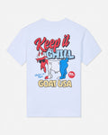 White t-shirt with colorful graphic and text on a white background