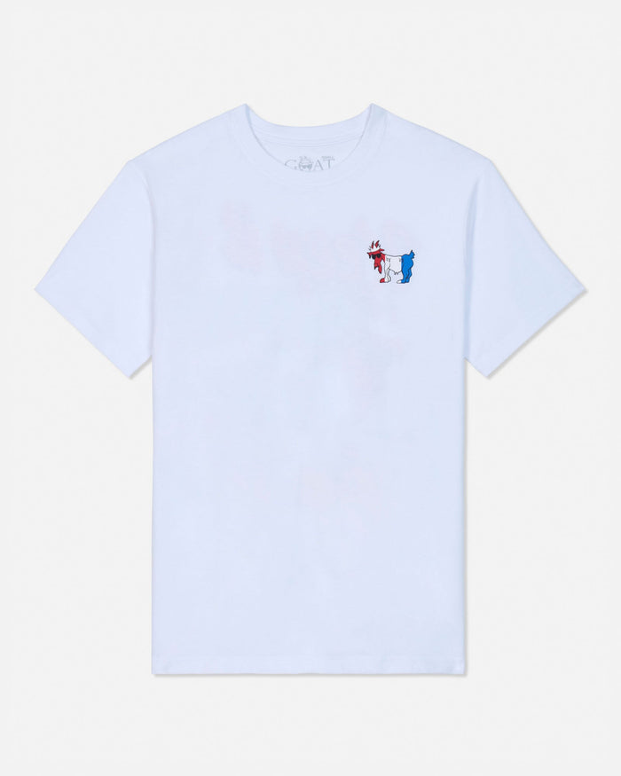 White t-shirt with a small graphic on a white background