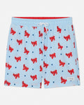 Light blue bathing suit with red lobster goat pattern and white drawstring on a white background