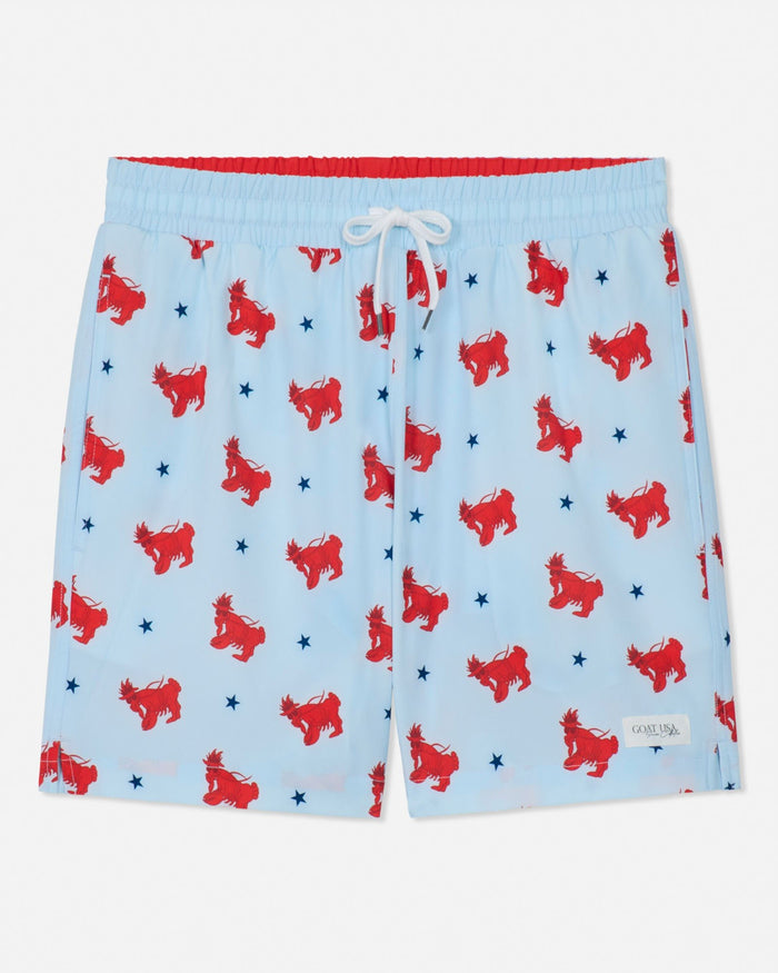 Light blue bathing suit with red lobster goat pattern and white drawstring on a white background