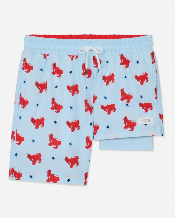 Light blue bathing suit with red lobster goat pattern on a white background