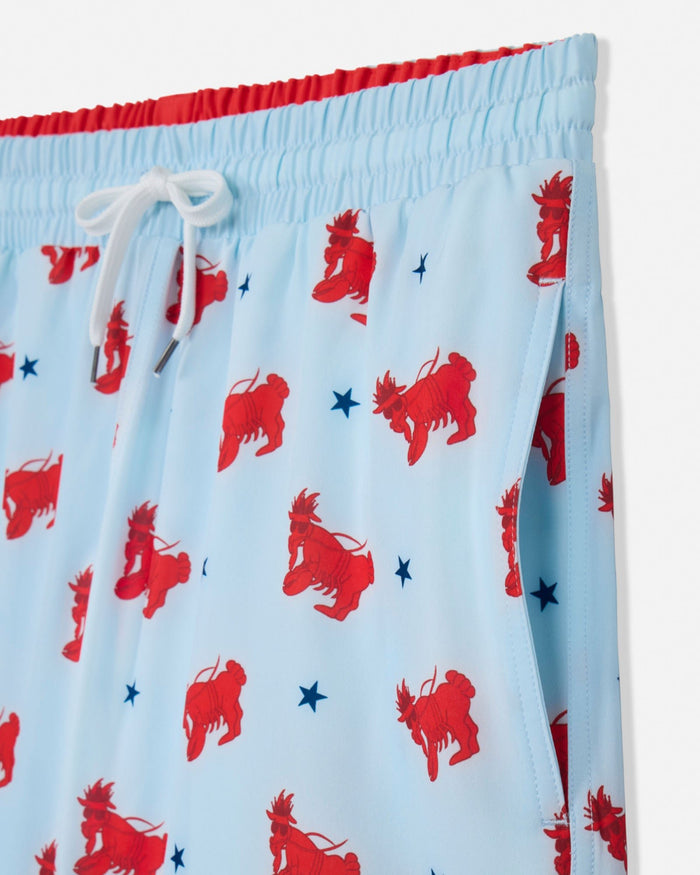 Light blue bathing suit with red lobster goat pattern and white drawstring on a white background